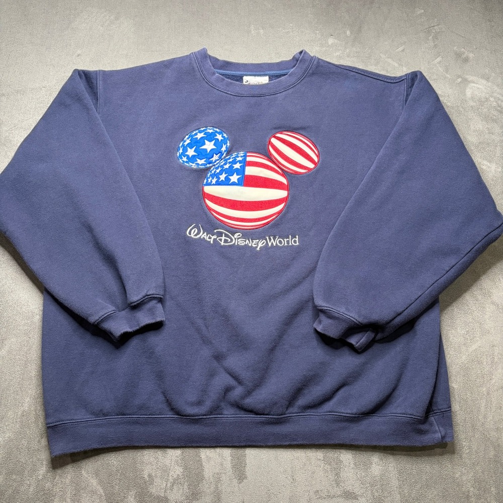 Vtg 90s Walt Disney World Sweatshirt Womens Sz XL Navy Mickey USA Flag Pullover